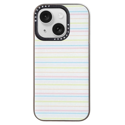 For iPhone 15 BAFFKKAF Electroplated Frame Glass Back Panel Phone Case - Colorful Stripes - EDA009761801A