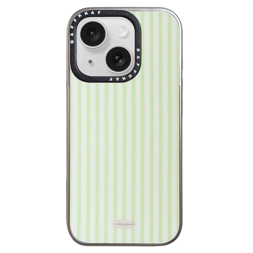 For iPhone 15 BAFFKKAF Electroplated Frame Glass Back Panel Phone Case - Green White Stripes - EDA009761801B