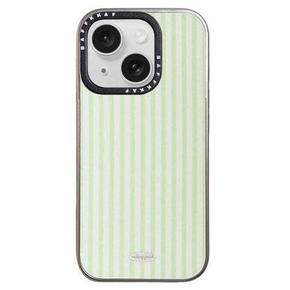 For iPhone 15 BAFFKKAF Electroplated Frame Glass Back Panel Phone Case - Green White Stripes - EDA009761801B