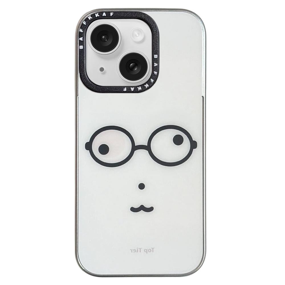 For iPhone 15 BAFFKKAF Electroplated Frame Glass Back Panel Phone Case - Little Bear with Glasses - EDA009761801C