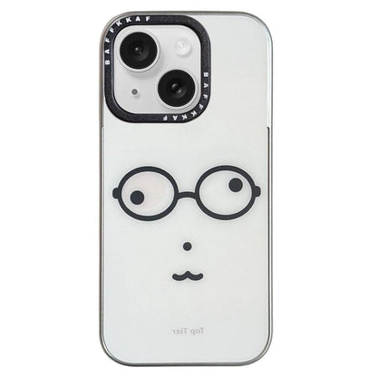 For iPhone 15 BAFFKKAF Electroplated Frame Glass Back Panel Phone Case - Little Bear with Glasses - EDA009761801C