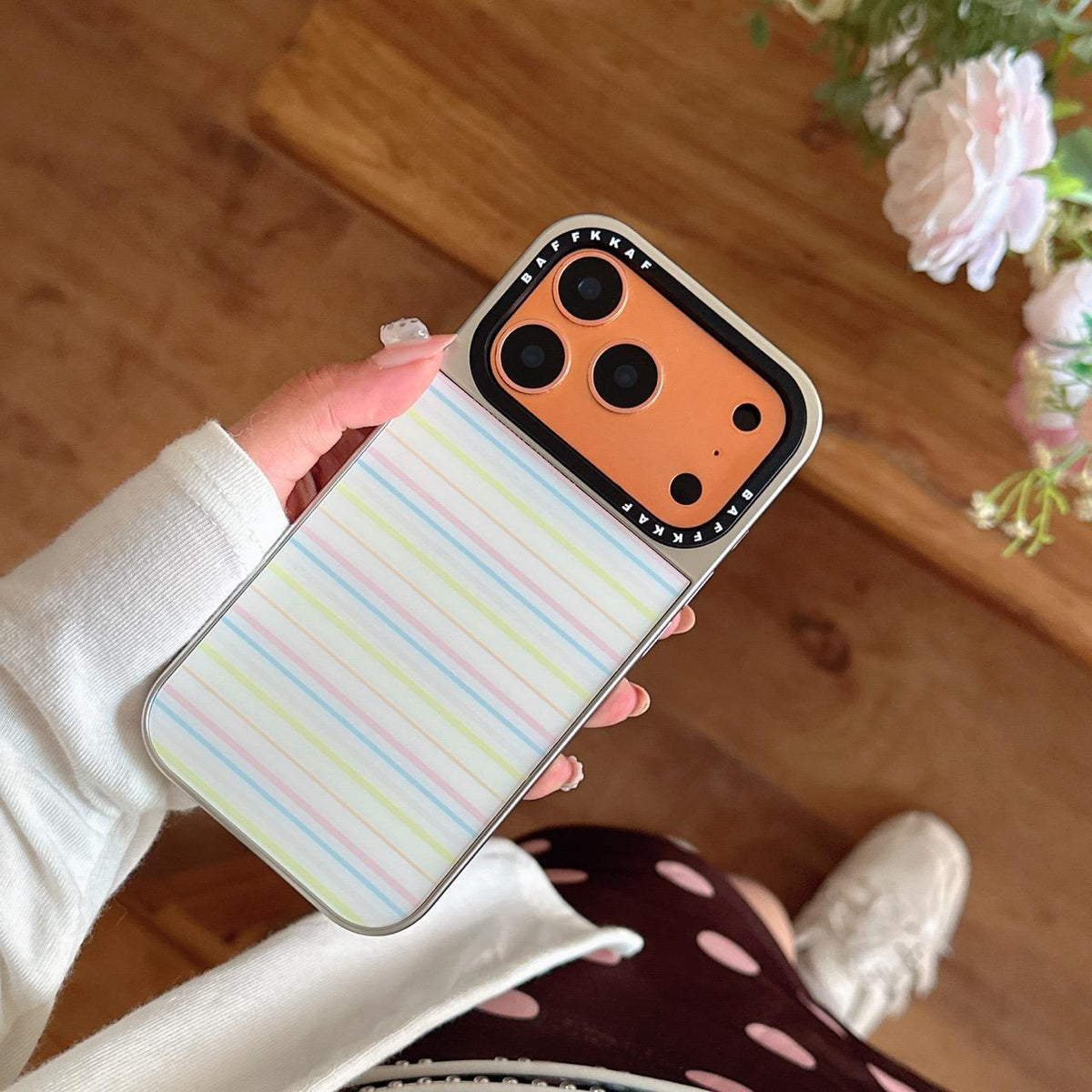 For iPhone 15 Pro BAFFKKAF Electroplated Frame Glass Back Panel Phone Case - Colorful Stripes - EDA009761802A