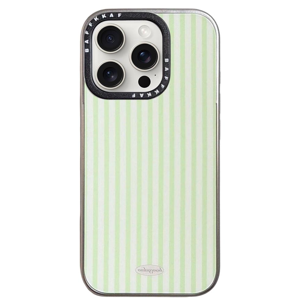 For iPhone 15 Pro BAFFKKAF Electroplated Frame Glass Back Panel Phone Case - Green White Stripes - EDA009761802B