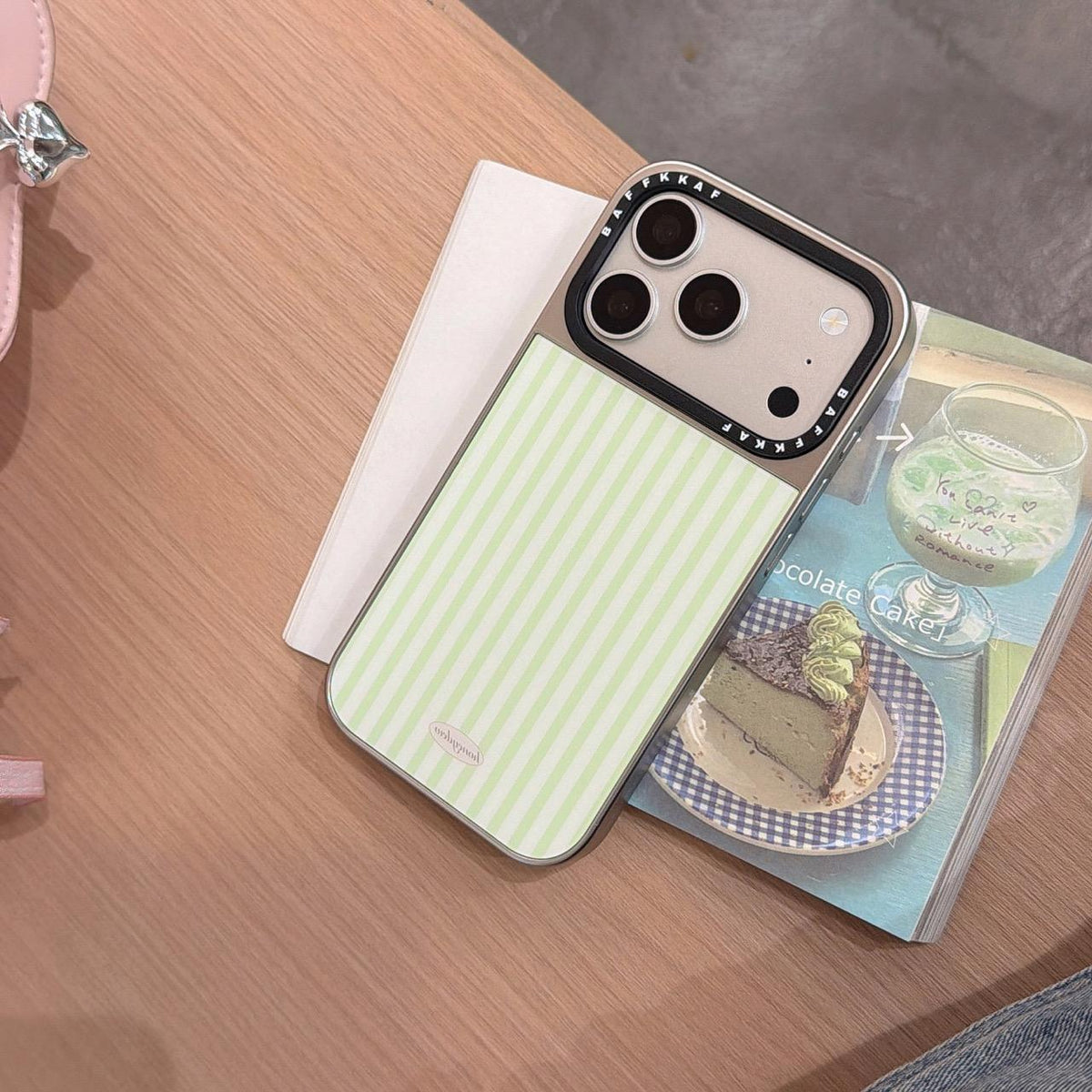 For iPhone 15 Pro BAFFKKAF Electroplated Frame Glass Back Panel Phone Case - Green White Stripes - EDA009761802B