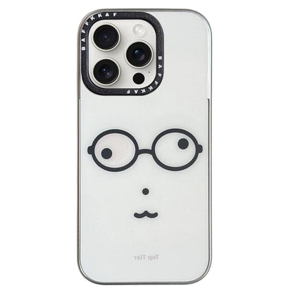 For iPhone 15 Pro BAFFKKAF Electroplated Frame Glass Back Panel Phone Case - Little Bear with Glasses - EDA009761802C