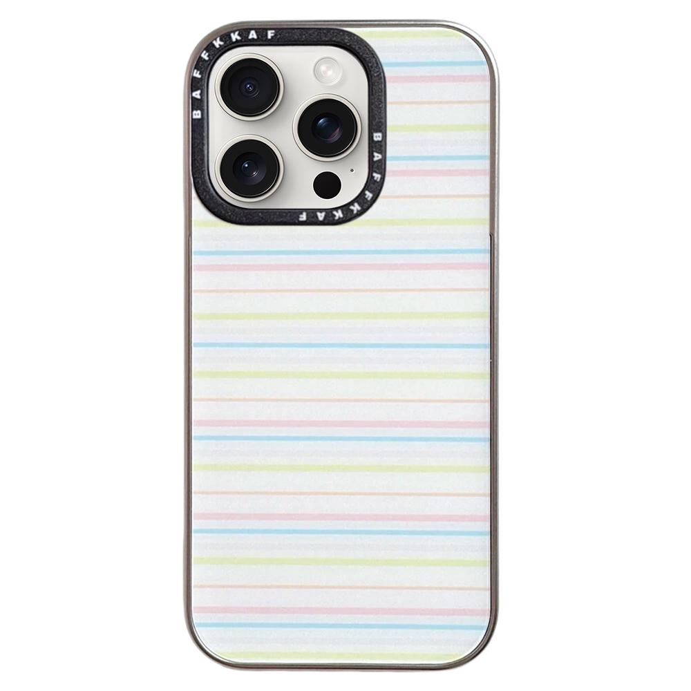 For iPhone 15 Pro Max BAFFKKAF Electroplated Frame Glass Back Panel Phone Case - Colorful Stripes - EDA009761803A