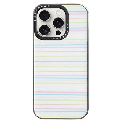 For iPhone 15 Pro Max BAFFKKAF Electroplated Frame Glass Back Panel Phone Case - Colorful Stripes - EDA009761803A