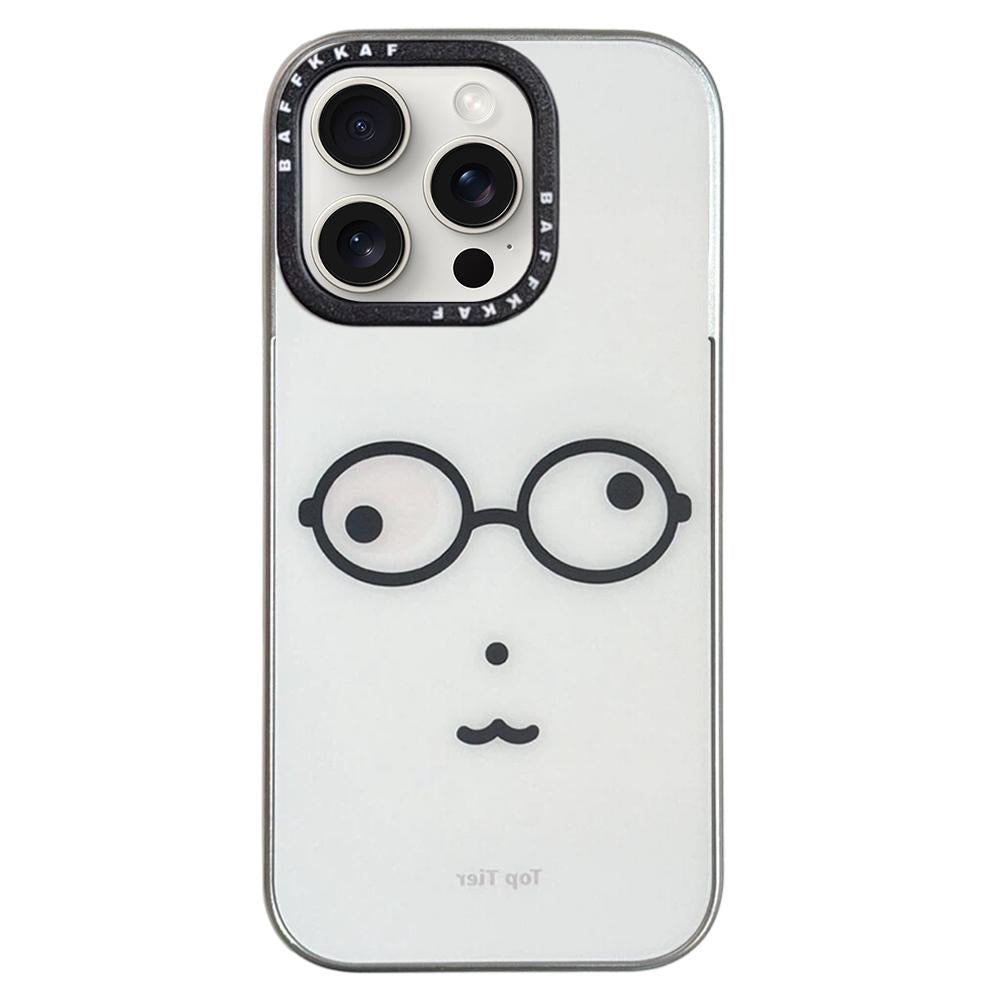 For iPhone 15 Pro Max BAFFKKAF Electroplated Frame Glass Back Panel Phone Case - Little Bear with Glasses - EDA009761803C