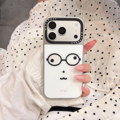 For iPhone 15 Pro Max BAFFKKAF Electroplated Frame Glass Back Panel Phone Case - Little Bear with Glasses - EDA009761803C
