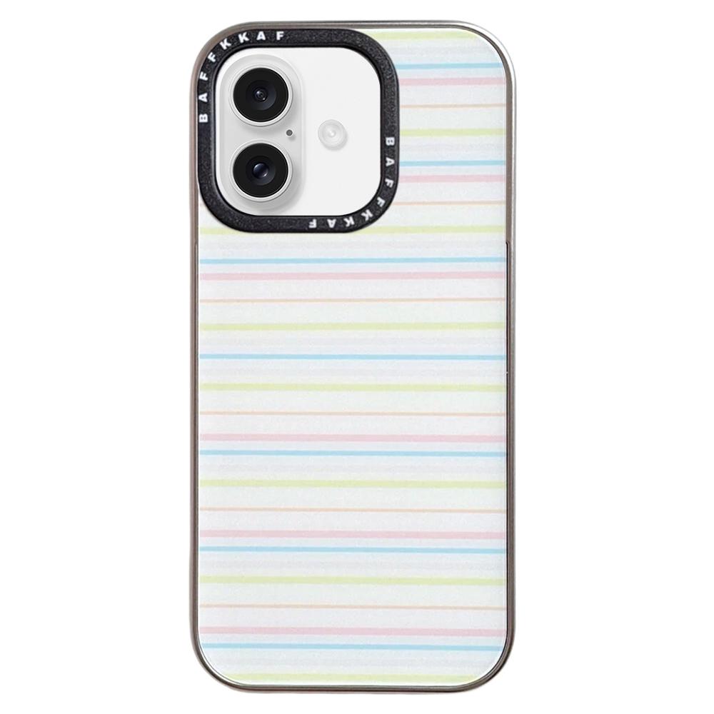 For iPhone 16 BAFFKKAF Electroplated Frame Glass Back Panel Phone Case - Colorful Stripes - EDA009761804A