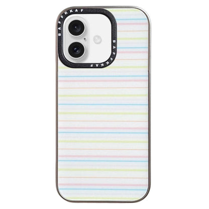 For iPhone 16 BAFFKKAF Electroplated Frame Glass Back Panel Phone Case - Colorful Stripes - EDA009761804A