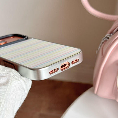 For iPhone 16 BAFFKKAF Electroplated Frame Glass Back Panel Phone Case - Colorful Stripes - EDA009761804A
