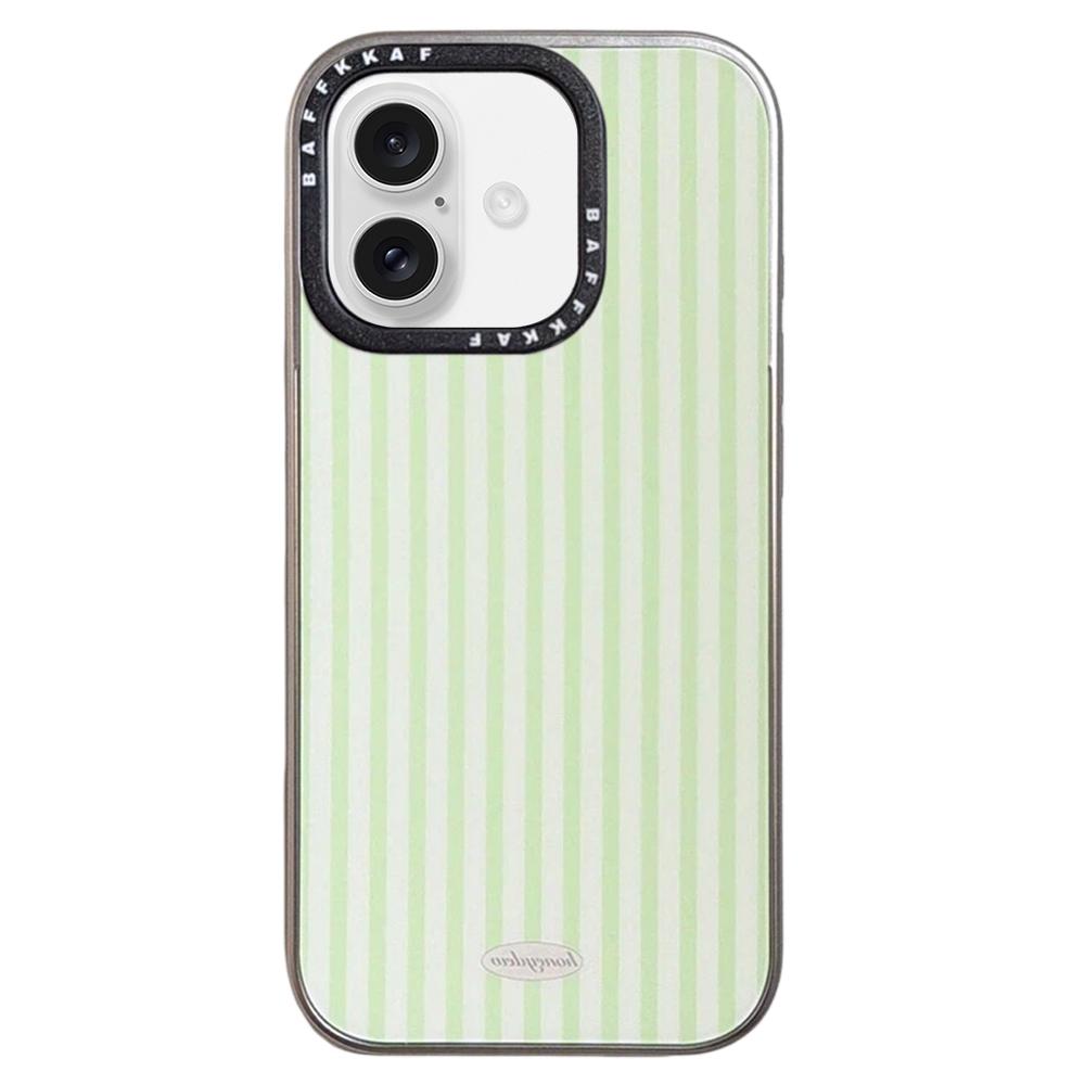 For iPhone 16 BAFFKKAF Electroplated Frame Glass Back Panel Phone Case - Green White Stripes - EDA009761804B