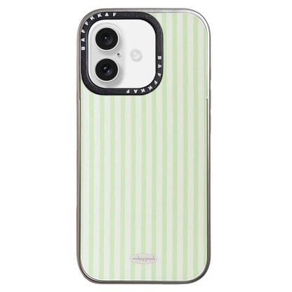 For iPhone 16 BAFFKKAF Electroplated Frame Glass Back Panel Phone Case - Green White Stripes - EDA009761804B