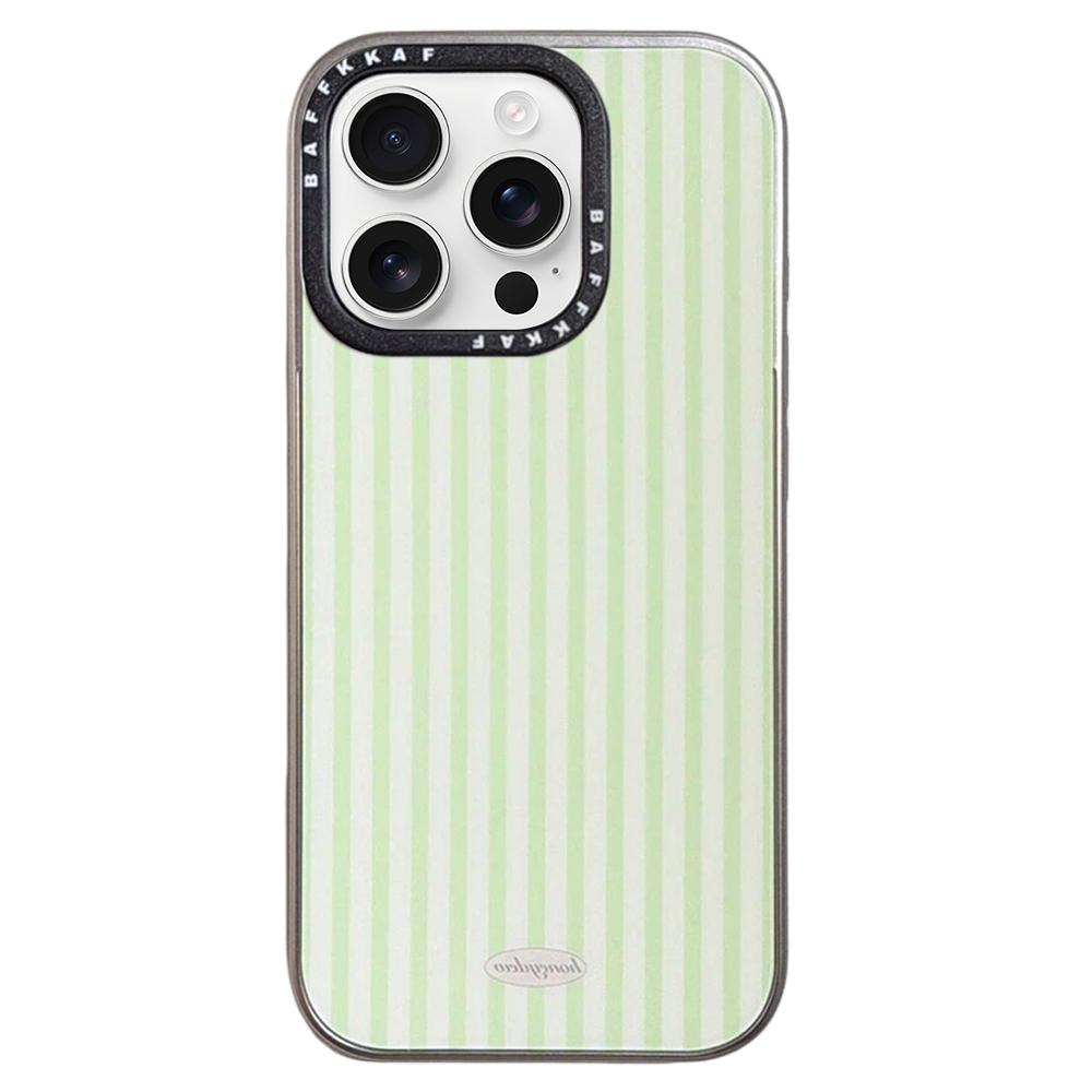 For iPhone 16 Pro BAFFKKAF Electroplated Frame Glass Back Panel Phone Case - Green White Stripes - EDA009761805B