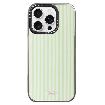 For iPhone 16 Pro BAFFKKAF Electroplated Frame Glass Back Panel Phone Case - Green White Stripes - EDA009761805B