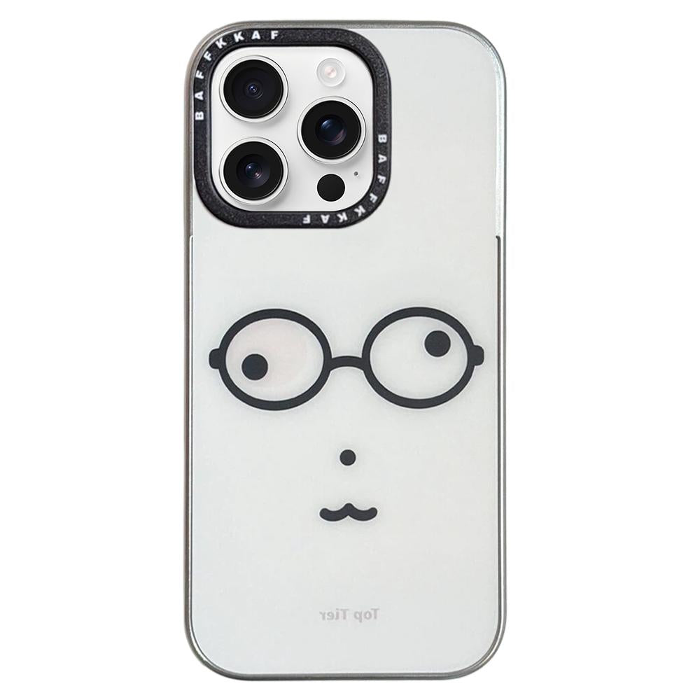 For iPhone 16 Pro BAFFKKAF Electroplated Frame Glass Back Panel Phone Case - Little Bear with Glasses - EDA009761805C