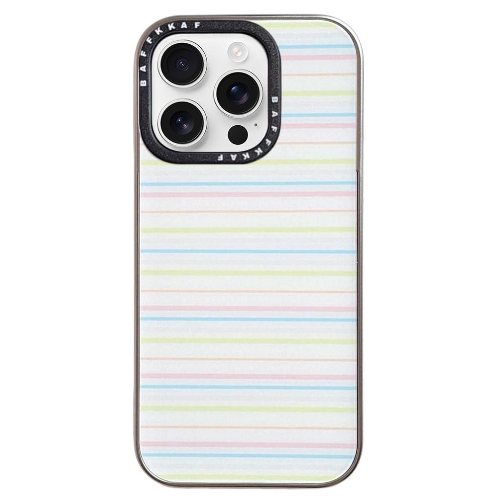 For iPhone 16 Pro Max BAFFKKAF Electroplated Frame Glass Back Panel Phone Case - Colorful Stripes - EDA009761806A