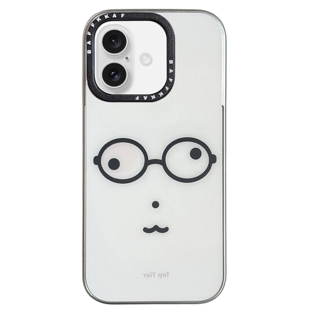For iPhone 17 BAFFKKAF Electroplated Frame Glass Back Panel Phone Case - Little Bear with Glasses - EDA009761807C