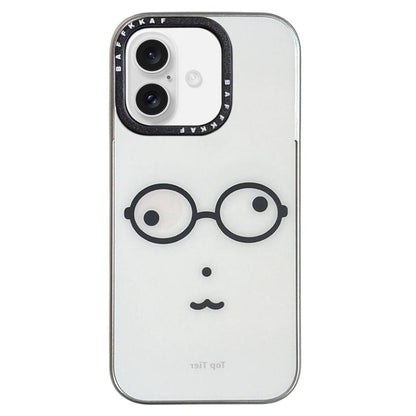 For iPhone 17 BAFFKKAF Electroplated Frame Glass Back Panel Phone Case - Little Bear with Glasses - EDA009761807C