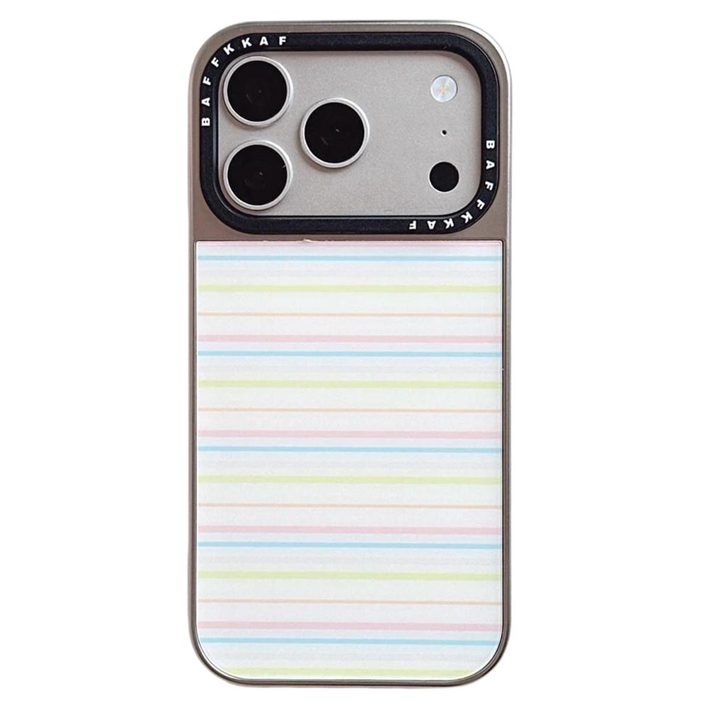For iPhone 18 Pro / 17 Pro BAFFKKAF Electroplated Frame Glass Back Panel Phone Case - Colorful Stripes - EDA009761808A