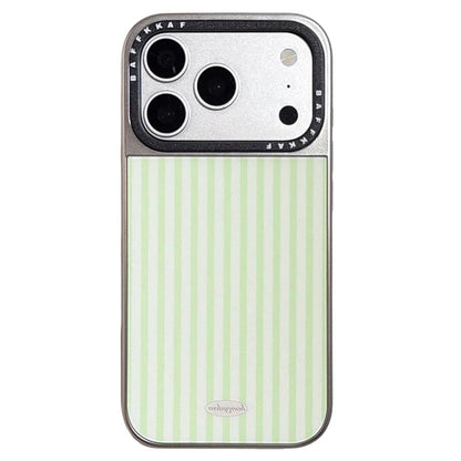 For iPhone 18 Pro / 17 Pro BAFFKKAF Electroplated Frame Glass Back Panel Phone Case - Green White Stripes - EDA009761808B