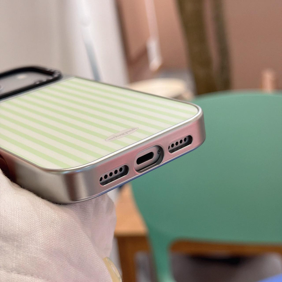 For iPhone 18 Pro / 17 Pro BAFFKKAF Electroplated Frame Glass Back Panel Phone Case - Green White Stripes - EDA009761808B