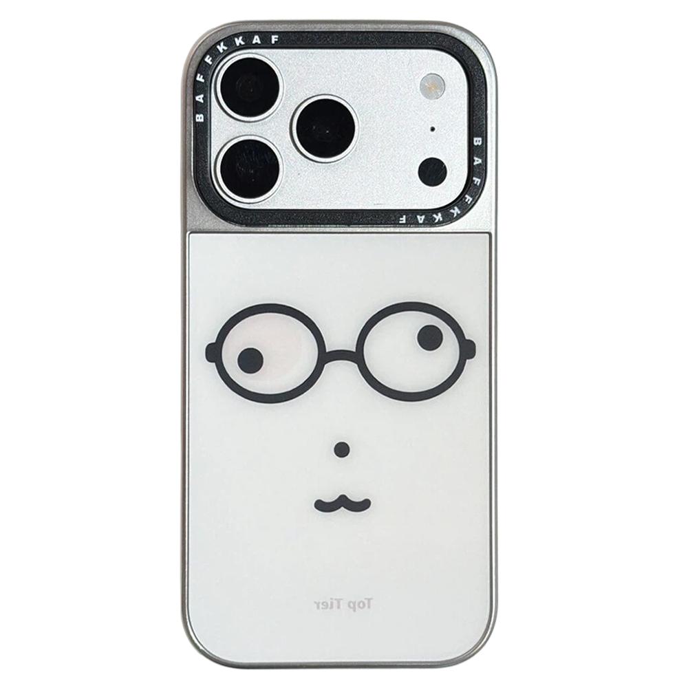 For iPhone 18 Pro / 17 Pro BAFFKKAF Electroplated Frame Glass Back Panel Phone Case - Little Bear with Glasses - EDA009761808C