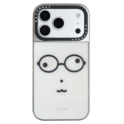 For iPhone 18 Pro / 17 Pro BAFFKKAF Electroplated Frame Glass Back Panel Phone Case - Little Bear with Glasses - EDA009761808C