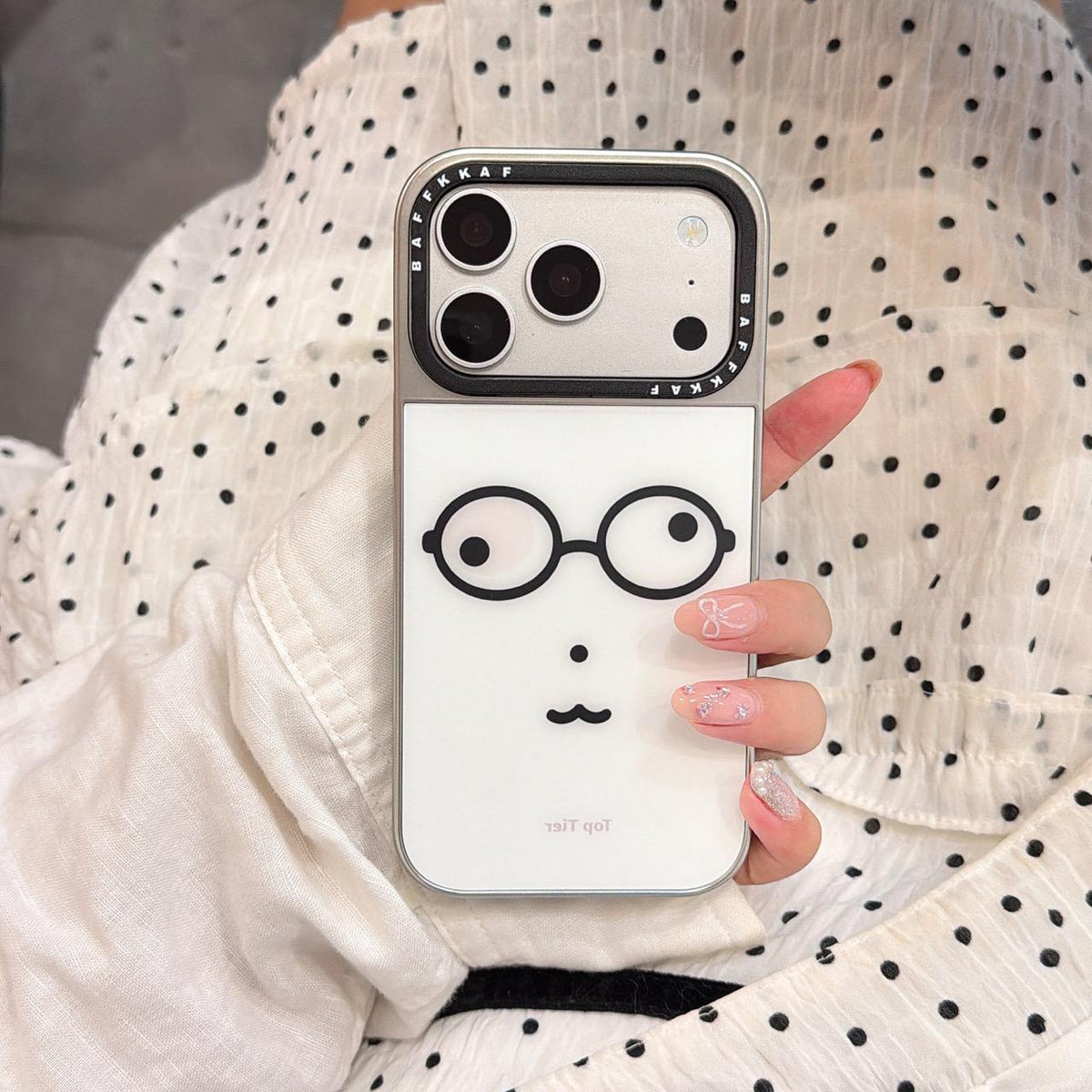 For iPhone 18 Pro / 17 Pro BAFFKKAF Electroplated Frame Glass Back Panel Phone Case - Little Bear with Glasses - EDA009761808C