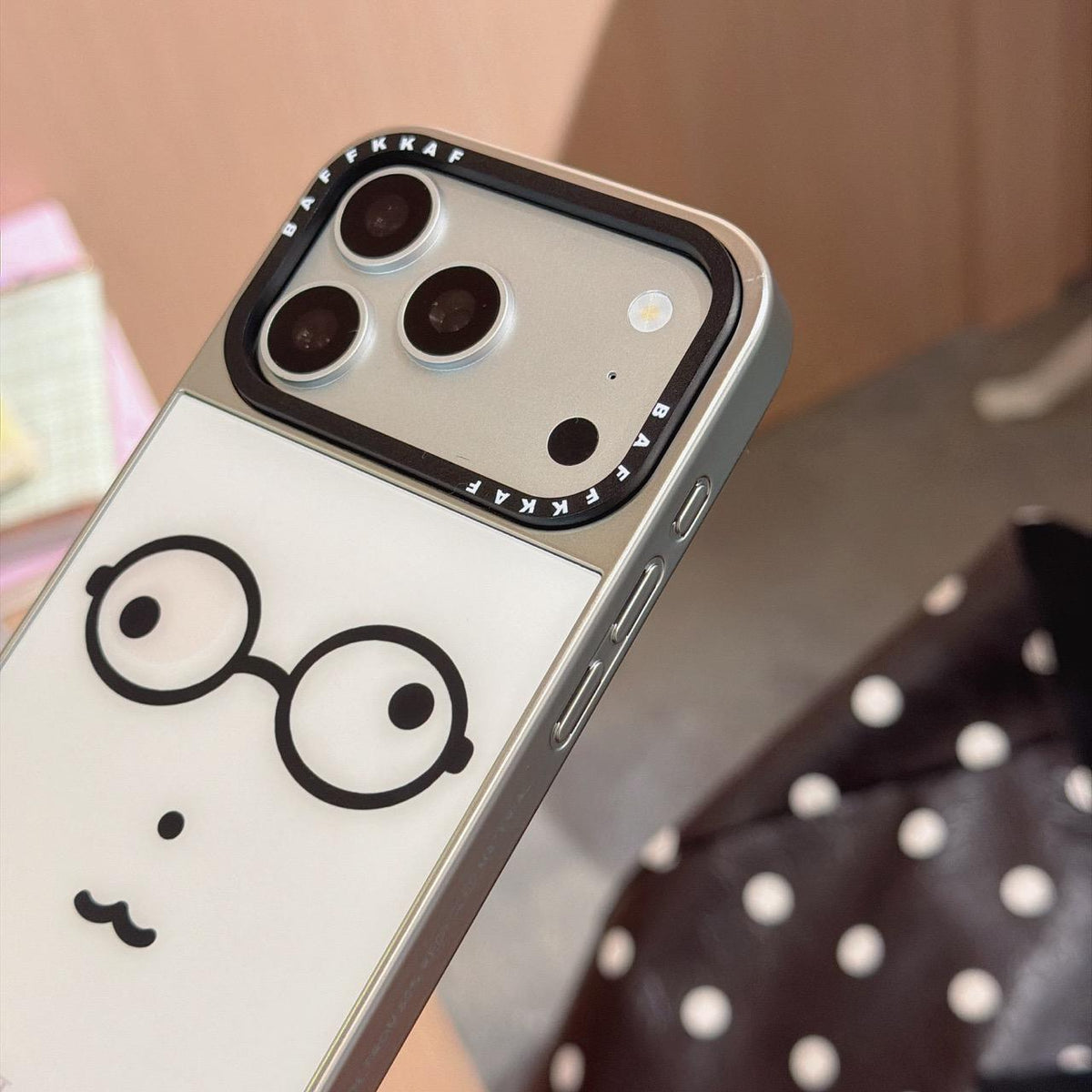 For iPhone 18 Pro / 17 Pro BAFFKKAF Electroplated Frame Glass Back Panel Phone Case - Little Bear with Glasses - EDA009761808C