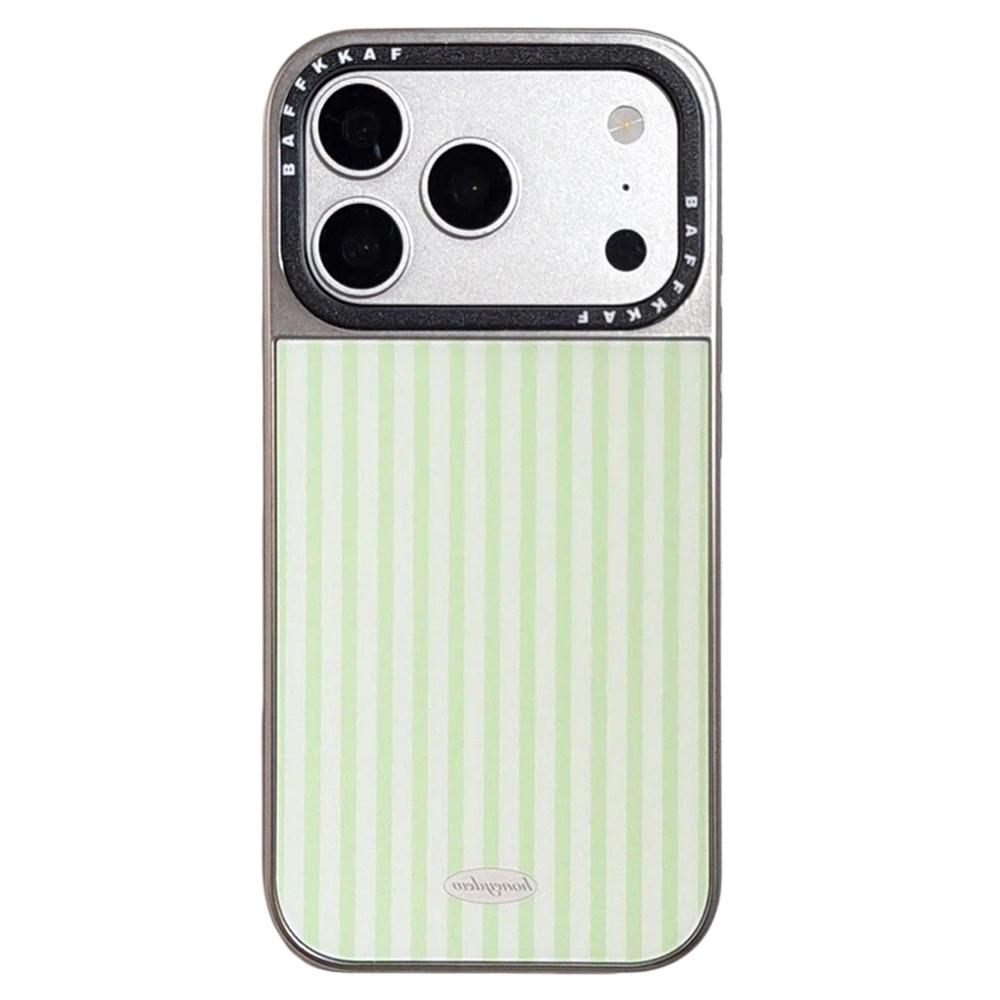 For iPhone 18 Pro Max / 17 Pro Max BAFFKKAF Electroplated Frame Glass Back Panel Phone Case - Green White Stripes - EDA009761809B