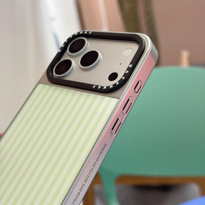 For iPhone 18 Pro Max / 17 Pro Max BAFFKKAF Electroplated Frame Glass Back Panel Phone Case - Green White Stripes - EDA009761809B