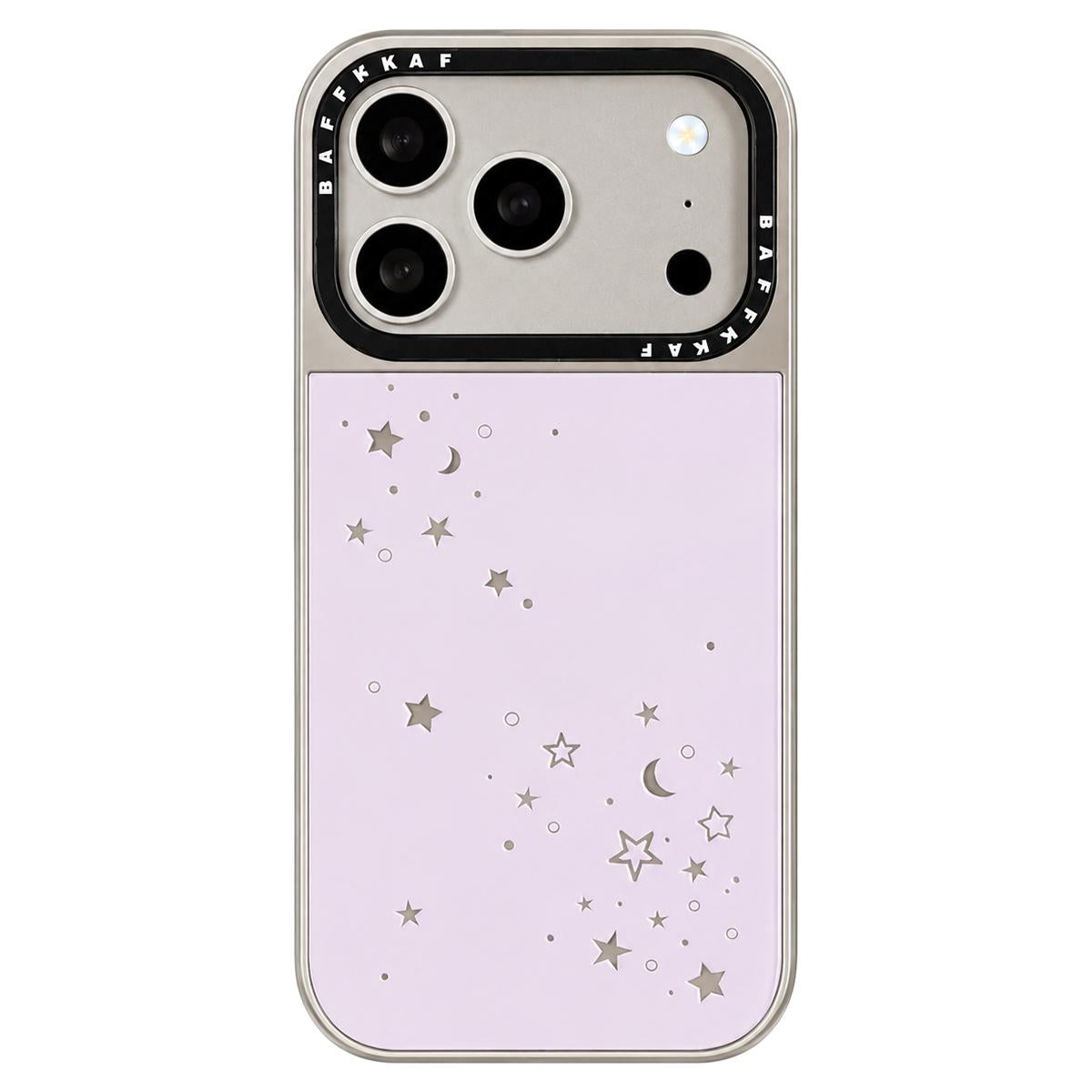 For iPhone 18 Pro Max / 17 Pro Max BAFFKKAF Gold-Plated Frame Glass Back Panel Phone Case - Pink Background Stars Moon - EDA009762301A