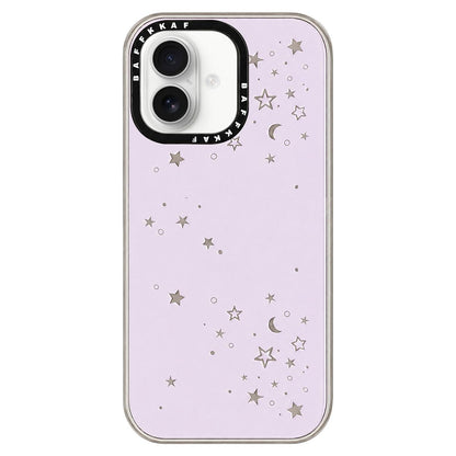 For iPhone 16 BAFFKKAF Gold-Plated Frame Glass Back Panel Phone Case - Pink Background Stars Moon - EDA009762306A
