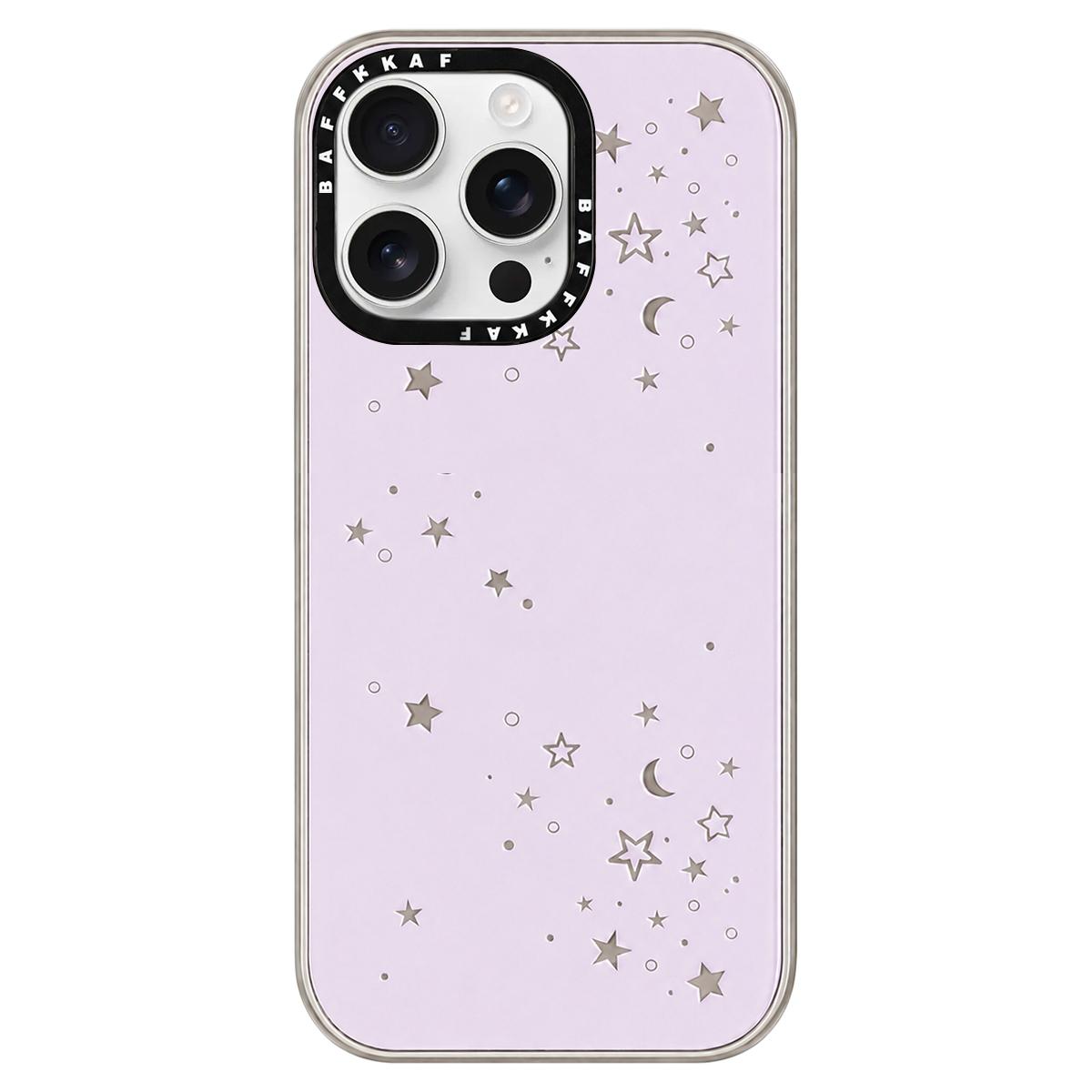 For iPhone 15 Pro Max BAFFKKAF Gold-Plated Frame Glass Back Panel Phone Case - Pink Background Stars Moon - EDA009762307A
