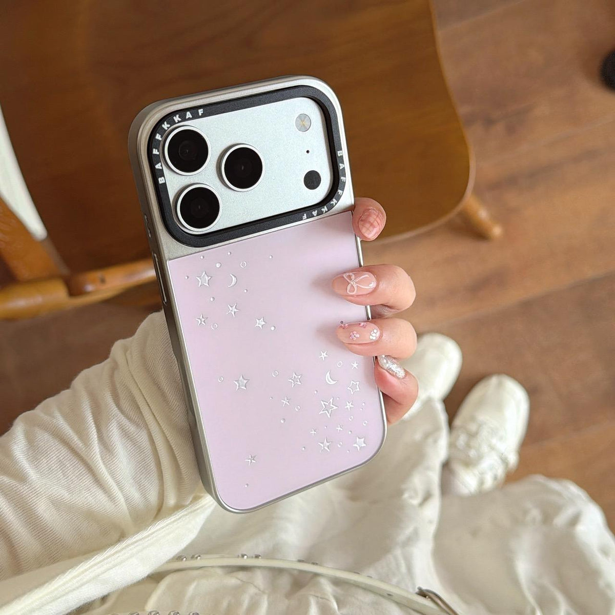 For iPhone 16 Pro BAFFKKAF Gold-Plated Frame Glass Back Panel Phone Case - Pink Background Stars Moon - EDA009762305A