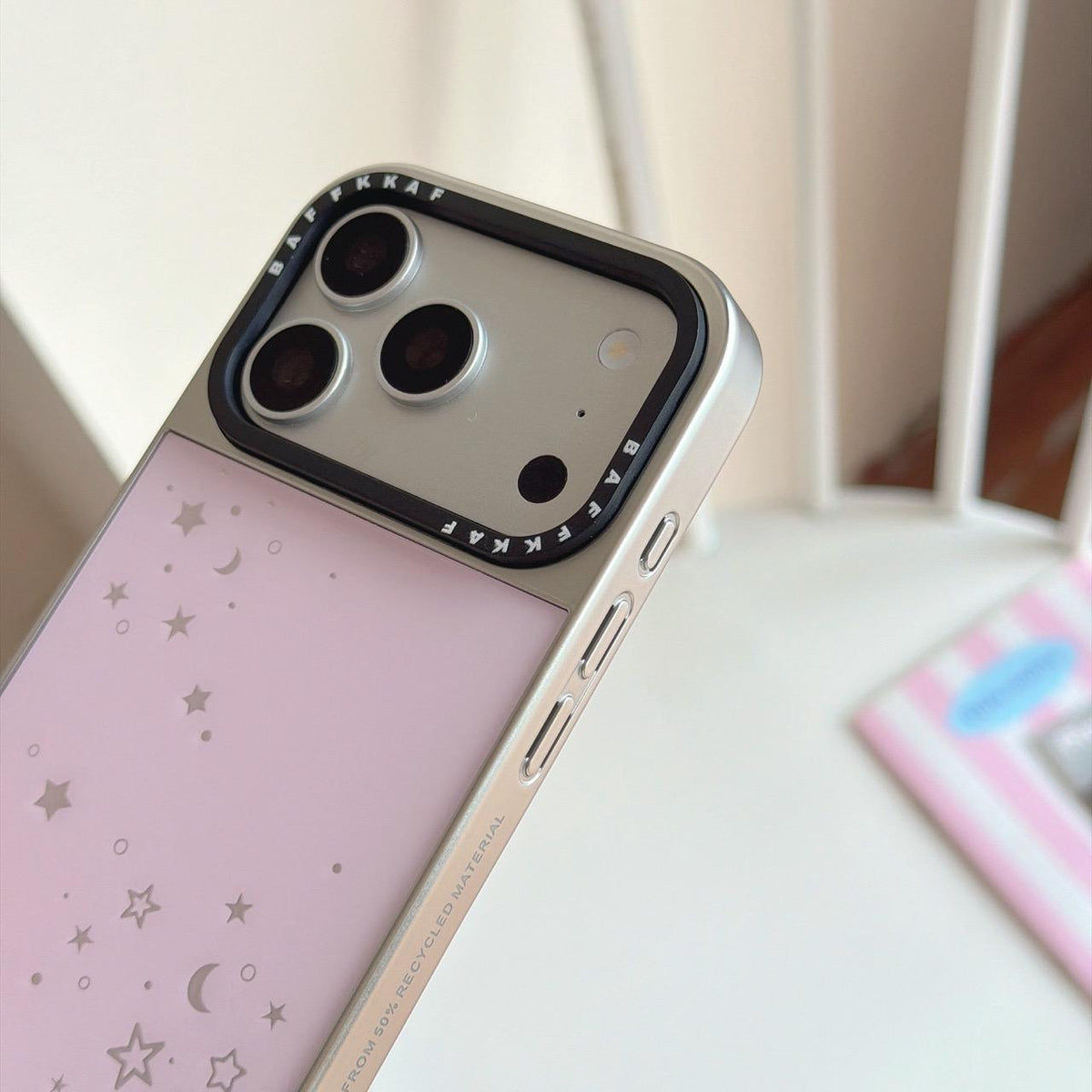 For iPhone 18 Pro / 17 Pro BAFFKKAF Gold-Plated Frame Glass Back Panel Phone Case - Pink Background Stars Moon - EDA009762302A