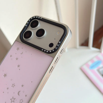 For iPhone 16 Pro BAFFKKAF Gold-Plated Frame Glass Back Panel Phone Case - Pink Background Stars Moon - EDA009762305A