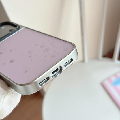 For iPhone 17 BAFFKKAF Gold-Plated Frame Glass Back Panel Phone Case - Pink Background Stars Moon - EDA009762303A