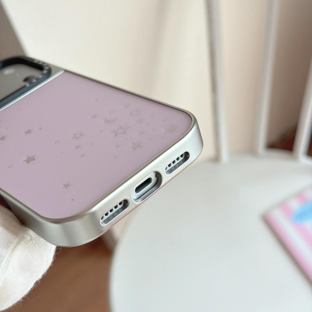 For iPhone 16 Pro BAFFKKAF Gold-Plated Frame Glass Back Panel Phone Case - Pink Background Stars Moon - EDA009762305A