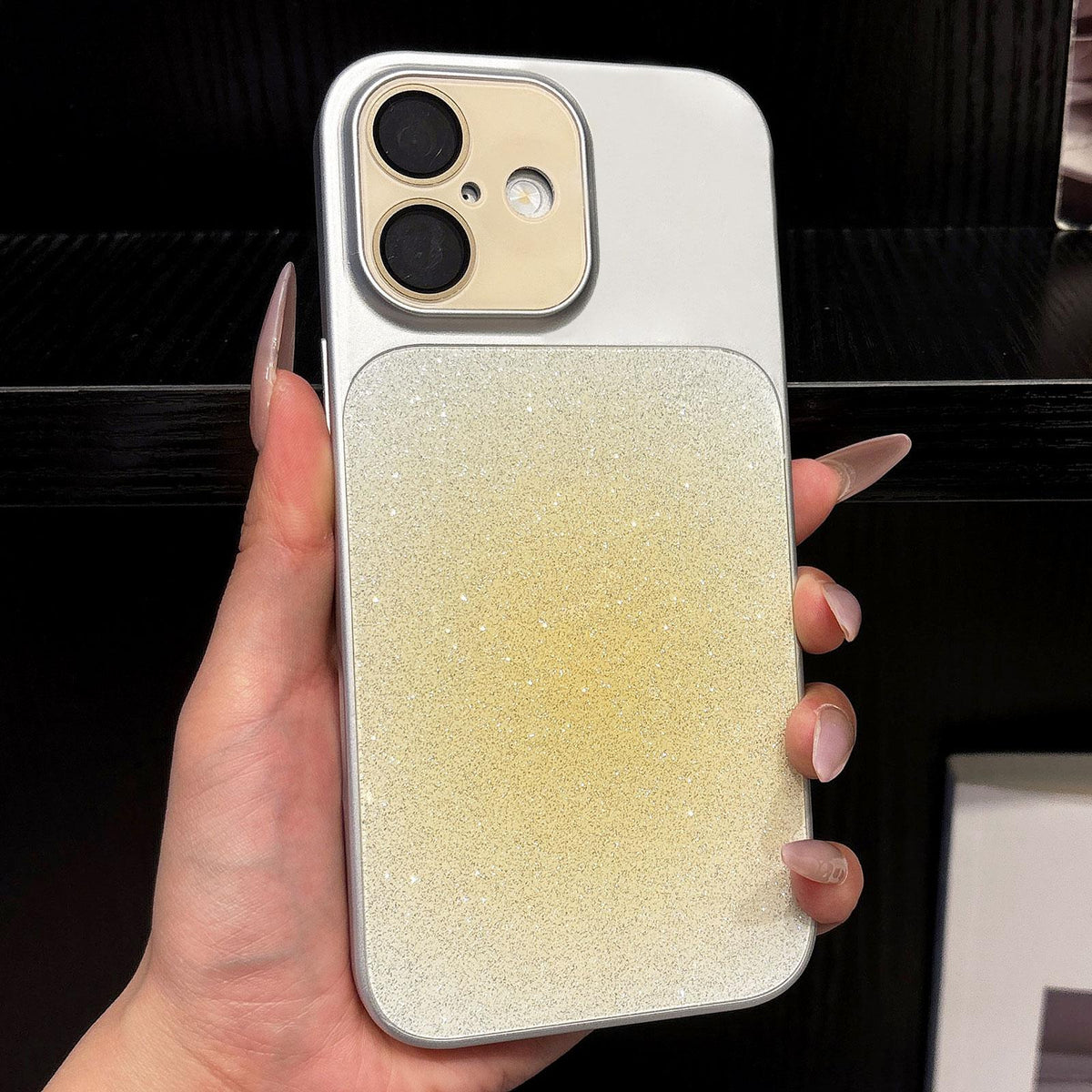 For iPhone 16 Lens Protection Matte Gradient Glitter Acrylic + PC Phone Case - Pale Yellow - EDA009762606A