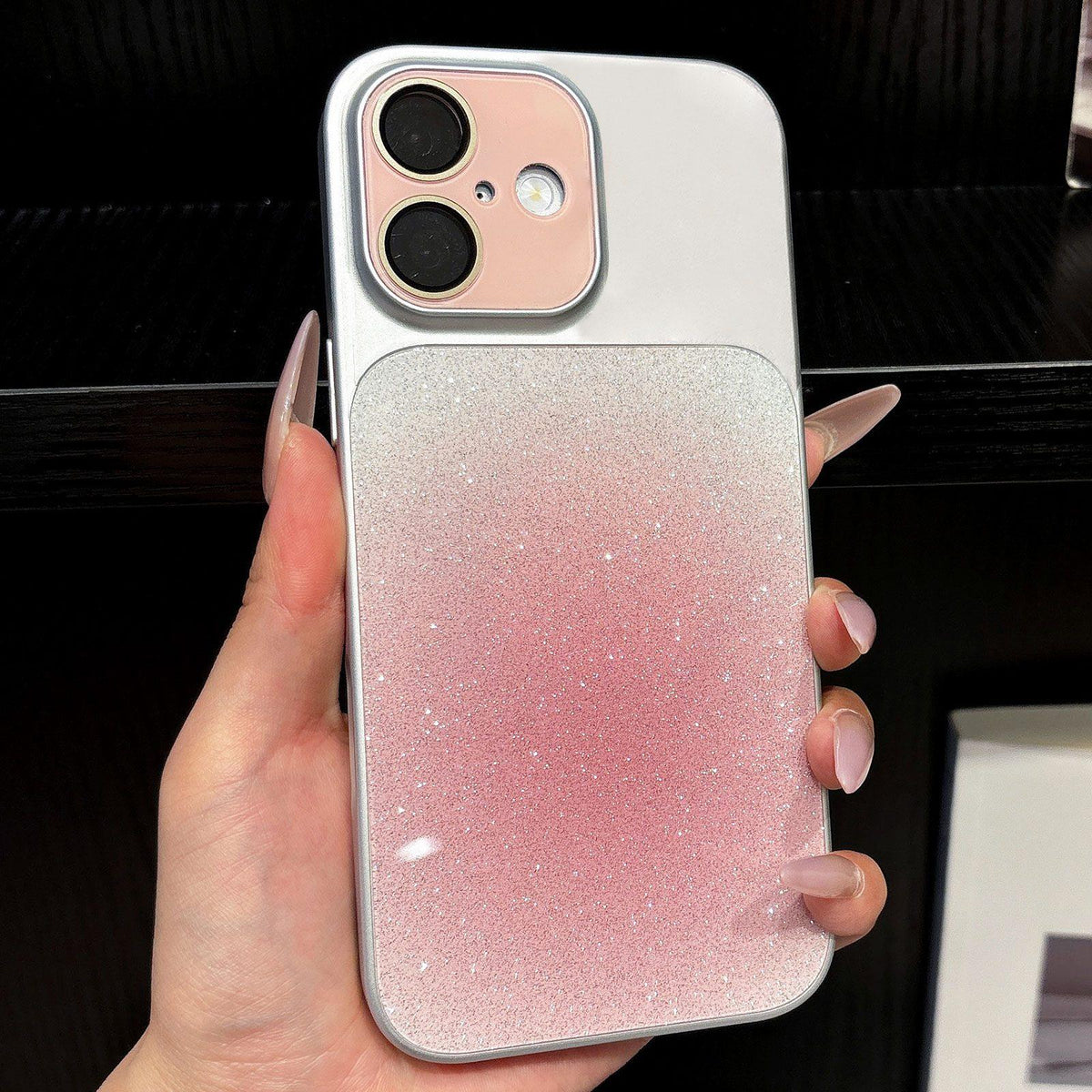 For iPhone 16 Lens Protection Matte Gradient Glitter Acrylic + PC Phone Case - Pink - EDA009762606D