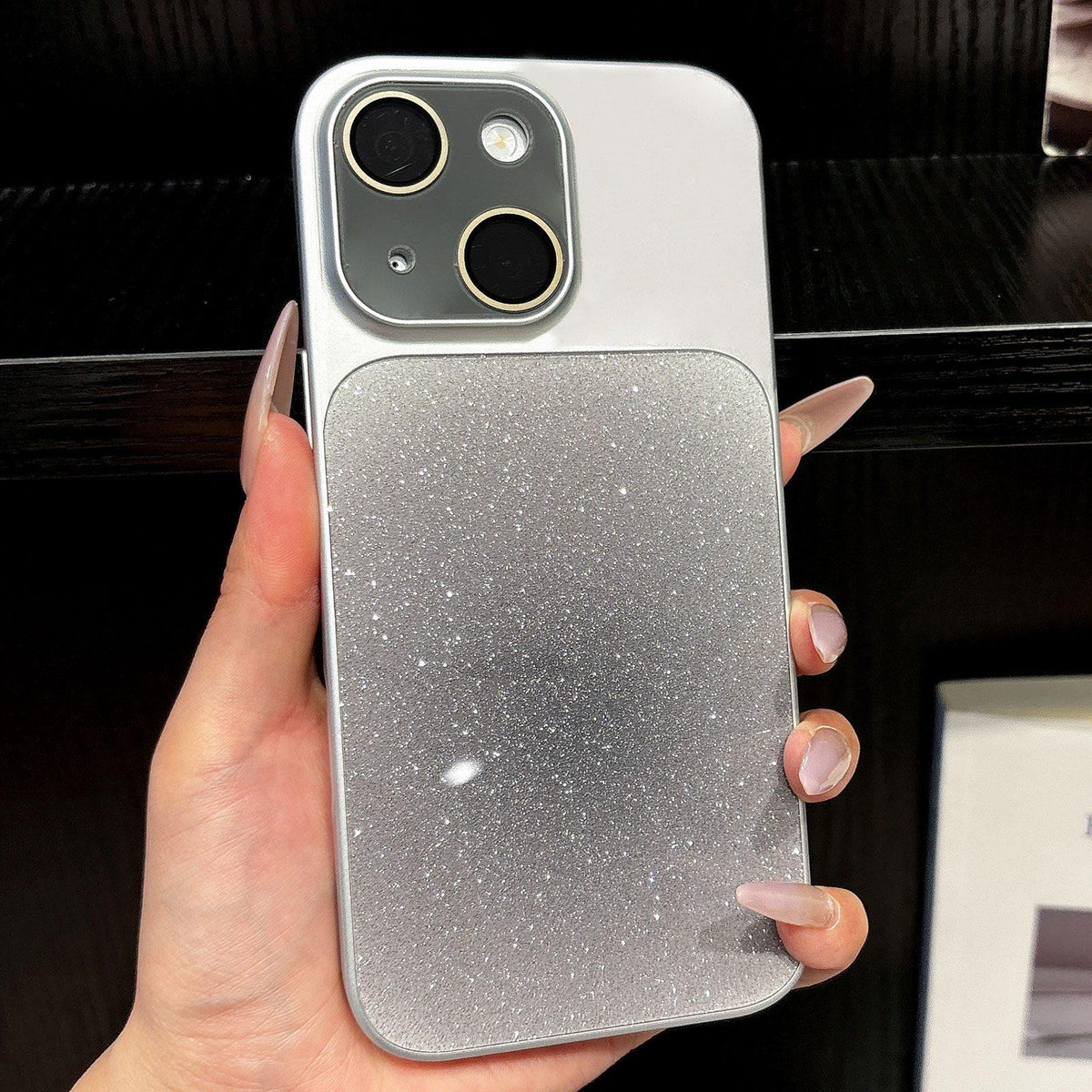 For iPhone 14 Lens Protection Matte Gradient Glitter Acrylic + PC Phone Case - Black - EDA009762610E