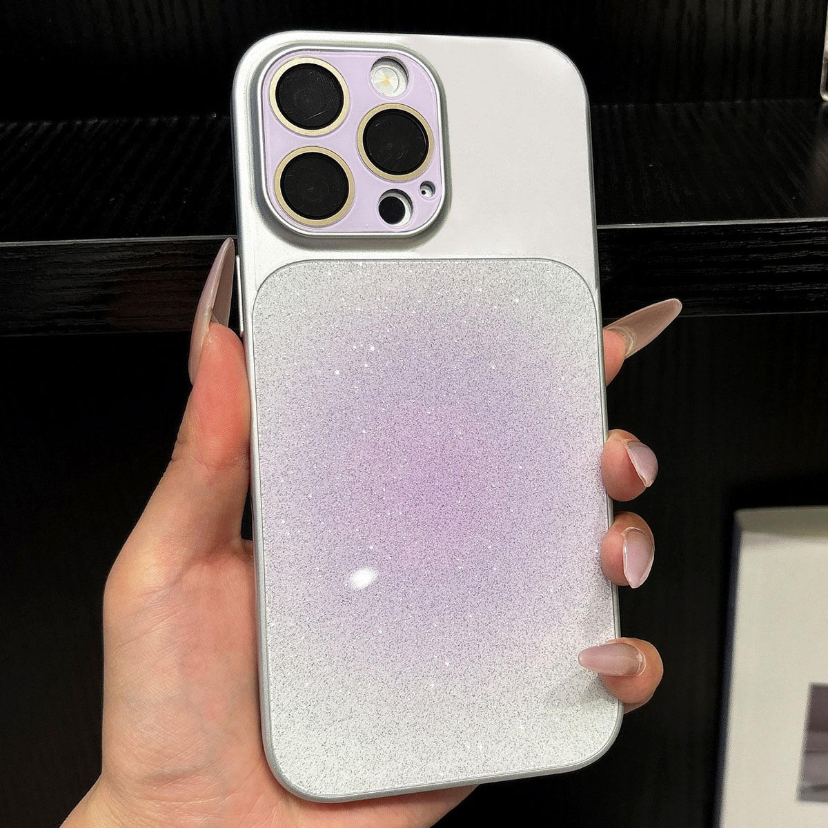 For iPhone 14 Pro Max Lens Protection Matte Gradient Glitter Acrylic + PC Phone Case - Purple - EDA009762612F