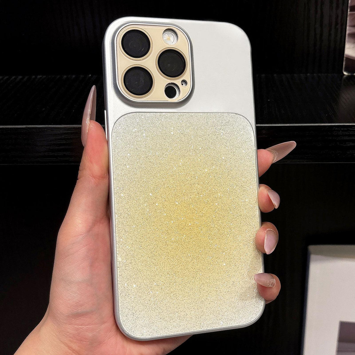 For iPhone 13 Pro Lens Protection Matte Gradient Glitter Acrylic + PC Phone Case - Pale Yellow - EDA009762614A