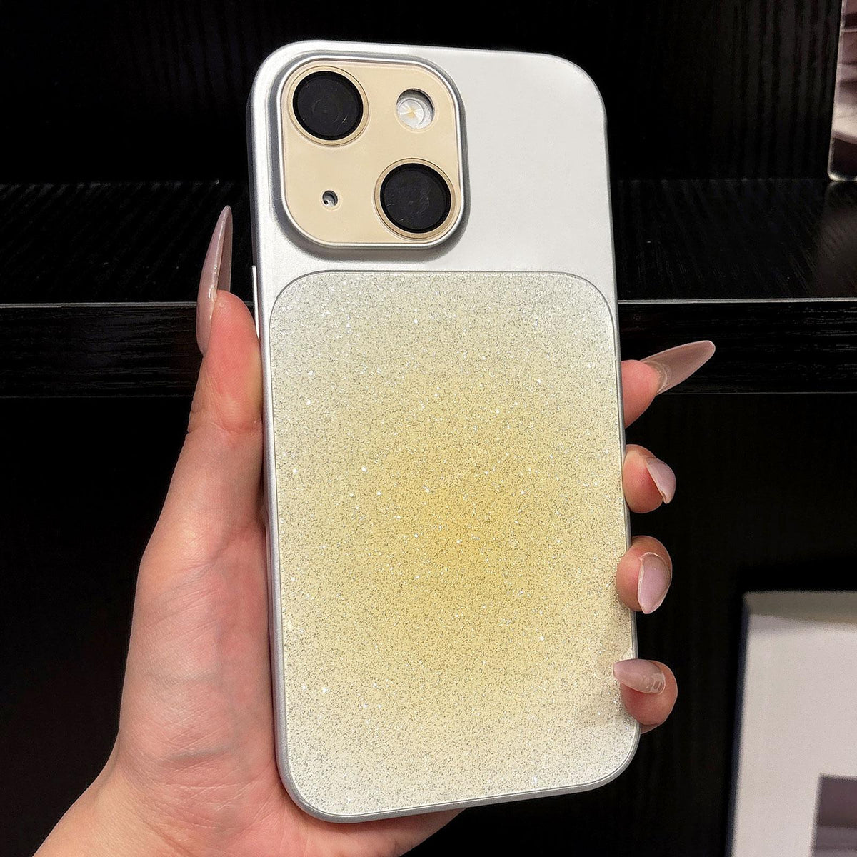 For iPhone 13 Lens Protection Matte Gradient Glitter Acrylic + PC Phone Case - Pale Yellow - EDA009762615A