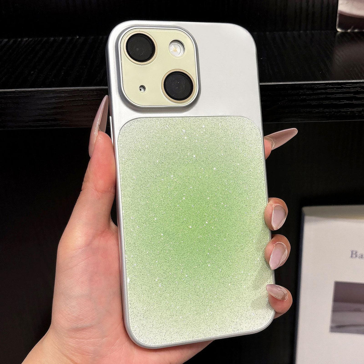 For iPhone 13 Lens Protection Matte Gradient Glitter Acrylic + PC Phone Case - Green - EDA009762615B
