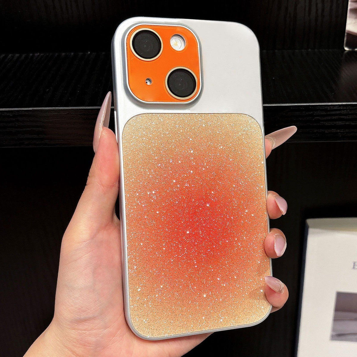 For iPhone 13 Lens Protection Matte Gradient Glitter Acrylic + PC Phone Case - Orange - EDA009762615C