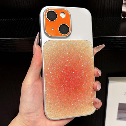 For iPhone 13 Lens Protection Matte Gradient Glitter Acrylic + PC Phone Case - Orange - EDA009762615C